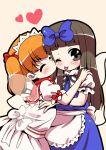  2girls apron bangs black_hair blue_bow blue_dress blunt_bangs blush bow brown_eyes closed_eyes closed_mouth dress emina eyebrows_visible_through_hair fairy fairy_wings frilled_apron frills hair_between_eyes hair_bow headdress heart highres kiss kissing_cheek long_hair multiple_girls orange_hair puffy_short_sleeves puffy_sleeves short_hair short_sleeves smile star_sapphire sunny_milk tongue tongue_out touhou waist_apron white_apron white_dress wings 