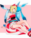  1girl arm_support bangs blonde_hair blue_eyes collar collarbone eyelashes glaceon grey_asa highres irida_(pokemon) knees medium_hair pokemon pokemon_(creature) pokemon_(game) pokemon_legends:_arceus red_footwear red_shirt sash shirt shoes shorts sitting smile strapless strapless_shirt waist_cape white_shorts 