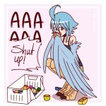  1girl ahoge bird_legs block blue_hair blue_wings claws commentary cup digitigrade english_commentary english_text eyebrows_visible_through_hair feathered_wings feathers harpy holding holding_cup monster_girl monster_musume_no_iru_nichijou papi_(monster_musume) pink_background short_hair shouting silent-shanin solo squatting talons tank_top toy two-tone_background white_background winged_arms wings yellow_eyes 