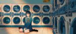  1girl bangs black_hair blue_skirt blush brown_eyes highres laundromat long_hair looking_away maionese original reflection scenery school_uniform serious sitting skirt socks solo tile_floor tiles washing_machine 