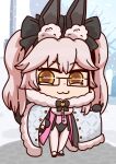  1girl :3 animal_ear_fluff animal_ears bangs black_bow black_gloves bow breasts cape closed_mouth fate/grand_order fate_(series) fox_girl fox_tail glasses gloves hair_bow holding holding_cape holding_clothes koyanskaya_(fate) l.n long_hair looking_at_viewer pink_hair playboy_bunny rabbit_ears riyo_(lyomsnpmp)_(style) solo tail tamamo_(fate) thigh-highs twintails yellow_eyes 