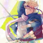  1boy battle_tendency belt blonde_hair blue_gloves blue_jacket caesar_anthonio_zeppeli commentary_request feather_hair_ornament feathers fingerless_gloves gloves green_eyes grin hair_ornament headband jacket jojo_no_kimyou_na_bouken looking_at_viewer male_focus open_clothes open_jacket parted_lips partial_commentary pink_scarf scarf shirt short_hair smile solo upper_body v-shaped_eyebrows white_shirt yumikun 