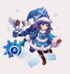  1girl animal_ears blue_coat blue_eyes blue_hair blue_headwear blush braid brown_gloves closed_mouth coat creature dark_blue_hair erementa flying fur-trimmed_sleeves fur_trim gem gloves grey_background hat holding holding_staff horns league_of_legends light_blue_eyes long_hair lulu_(league_of_legends) orb poro_(league_of_legends) saliva signature simple_background smile snowflake_background staff tongue tongue_out very_long_hair wings winter_clothes winter_coat winter_wonder_lulu 