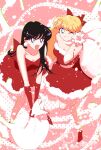  2girls aino_minako bare_shoulders bishoujo_senshi_sailor_moon black_hair blonde_hair blue_eyes bow christmas dress earrings fur-trimmed_dress fur-trimmed_gloves fur_trim gloves highres hino_rei holding holding_sack jewelry long_hair multiple_girls namisonpictures red_bow red_dress red_footwear red_gloves sack santa_dress santa_gloves strapless strapless_dress violet_eyes 