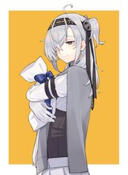  1girl ahoge artist_name black_headwear bodysuit border closed_mouth clothes_writing commission grey_eyes hachimaki headband highres ichiroku_(sakumogu-029) kantai_collection long_hair one_side_up pleated_skirt school_uniform serafuku short_sleeves signature silver_hair skeb_commission skirt solo suzutsuki_(kancolle) upper_body white_bodysuit white_border white_skirt 