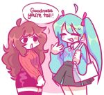  2girls alternate_costume black_eyes black_skirt blue_hair brown_hair closed_eyes crossover english_commentary english_text friday_night_funkin&#039; girlfriend_(friday_night_funkin&#039;) hatsune_miku long_hair long_sleeves multiple_girls purse skirt speech_bubble standing sweater twintails viuwus vocaloid 