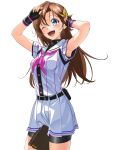  1girl ;d arihara_tsubasa armpits arms_up bangs belt belt_buckle bike_shorts black_belt black_gloves black_shorts blue_eyes brown_hair buckle collared_shirt cowboy_shot dress_shirt fingerless_gloves gloves hachigatsu_no_cinderella_nine hair_between_eyes highres long_hair miniskirt neckerchief nyanmaru one_eye_closed pink_neckerchief pleated_skirt sailor_collar sailor_shirt shiny shiny_hair shirt short_shorts short_sleeves shorts shorts_under_skirt simple_background skirt smile solo standing striped striped_shirt vertical-striped_shirt vertical_stripes white_background white_sailor_collar white_shirt white_skirt 