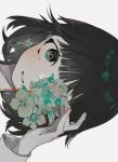  1girl aqua_eyes aqua_flower bangs black_eyes black_hair blood blood_on_face blunt_bangs blush earrings expressionless face flower_earrings jewelry looking_at_viewer multicolored_eyes one_eye_covered original short_hair solo toasu white_background 