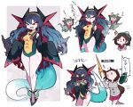  2girls black_eyes breasts colored_sclera dragapult ghost gloria_(pokemon) highres long_hair mato_tsuyoi medium_breasts multiple_girls personification pokemon pokemon_(game) pokemon_swsh tail thick_thighs thighs translation_request wide_hips yellow_sclera 