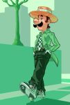  1boy absurdres alternate_costume bare_tree big_nose blue_eyes brown_hair buttons checkered_clothes checkered_footwear checkered_shirt closed_mouth clothes_writing collared_jacket commentary english_commentary facial_hair full_body gloves green_background green_footwear green_pants green_theme half-closed_eyes hands_in_pockets heelys highres jacket jpeg_artifacts kingsus long_sleeves luigi male_focus mustache open_clothes open_jacket outdoors pants shirt shoes short_hair sneakers solo standing super_mario_bros. suspenders toes_up tree white_gloves yellow_headwear 