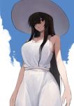  2ch absurdres bangs black_hair blush breasts clouds day dress hasshaku-sama hat highres huge_breasts long_hair looking_at_viewer looking_down marse_(rokudaime) open_mouth original shadow sky standing sun_hat very_long_hair white_dress 