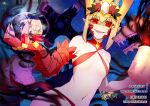 1girl blonde_hair crown draco_(fate) dragon evil_smile facial_mark fate/grand_order fate/grand_order_arcade fate_(series) flat_chest giant giantess gloves highres holy_grail_(fate) looking_at_viewer navel planet queen_draco_(fate) red_eyes red_gloves short_hair single_glove smile solo space tempuru upper_body web_address 