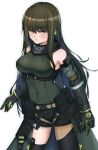  1girl absurdres black_gloves black_shorts breasts brown_eyes brown_hair closed_mouth eyebrows_visible_through_hair feet_out_of_frame girls_frontline gloves green_shirt grey_background hand_on_back hand_on_breast highres long_hair looking_at_viewer m4a1_(girls_frontline) medium_breasts multicolored_hair navel omurainu open_clothes open_shorts shirt shorts solo 