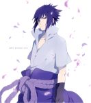  1boy bangs black_eyes blue_hair collarbone grey_shirt high_collar highres looking_at_viewer male_focus naruto_(series) naruto_shippuuden petals purple_belt rope_belt shirt short_hair short_sleeves simple_background smile solo tosyoen uchiha_sasuke upper_body white_background wristband 