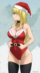  1girl belt blonde_hair blush breasts brown_eyes christmas fairy_tail gaston18 hat highres large_breasts lucy_heartfilia santa_costume santa_hat thigh-highs 