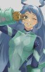  1girl absurdres blue_eyes blue_hair bodysuit boku_no_hero_academia brown_gloves covered_navel fengling_(furin-jp) gloves grey_background grin hadou_nejire highres long_hair looking_at_viewer one_eye_closed smile solo upper_body v_over_eye very_long_hair 