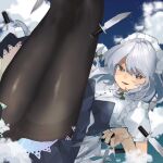  1girl back_bow bangs black_legwear blue_dress blue_eyes blue_sky blush bow breasts buttons clouds collared_shirt commentary_request dress feet_out_of_frame frills gominami green_ribbon hair_ribbon highres holding holding_knife izayoi_sakuya knife knives_between_fingers lace-trimmed_dress lace_trim legs_up looking_at_viewer lower_teeth maid maid_headdress medium_breasts nail_polish open_mouth pantyhose pink_nails puffy_short_sleeves puffy_sleeves rainbow_gradient ribbon sash shirt short_hair_with_long_locks short_sleeves sidelocks silver_hair sky solo teeth tongue touhou tress_ribbon twintails unconnected_marketeers white_sash wing_collar 