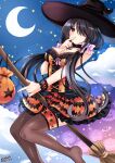  1girl absurdres black_hair breasts broom broom_riding commentary crescent_moon date_a_live dress english_commentary finger_to_mouth hair_over_one_eye halloween hat highres lewdkuma long_hair low_twintails medium_breasts moon night night_sky no_shoes red_eyes sky solo star_(sky) starry_sky thigh-highs tokisaki_kurumi twintails very_long_hair witch_hat 