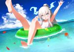  1girl absurdres aqua_eyes arm_up clouds dragon_girl flat_chest fukurou_(hukurou) highres holographic_horns ibuki_meno innertube long_hair multicolored_eyes ocean one-piece_swimsuit open_mouth ponytail prism_project silver_hair solo swimsuit tail_removed violet_eyes virtual_youtuber white_swimsuit 