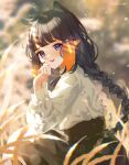  1girl 2nii animal_ears black_hair braid crops hand_on_own_cheek hand_on_own_face hands hands_up hololive hololive_english looking_to_the_side loose_clothes multicolored_hair nature ninomae_ina&#039;nis open_mouth orange_hair outdoors puffy_sleeves skirt smile teeth twin_braids violet_eyes 
