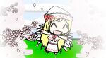  1girl bioluminescentspirit blonde_hair cherry_blossoms clouds fairy fairy_wings grass lily_white open_arms petals red_ribbon smile touhou walfas white_dress white_hat 