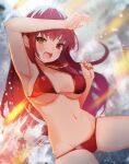  1girl arrow_through_heart ass_visible_through_thighs bikini blurry blurry_background blush breasts eyebrows_visible_through_hair hair_between_eyes heterochromia hololive houshou_marine jewelry locket navel open_mouth pendant red_bikini red_nails redhead solarisu solo swimsuit tears under_boob virtual_youtuber water water_drop wavy_mouth 