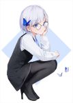  1girl artist_request blue_eyes bug butterfly character_request copyright_request glasses hair_ornament hairclip high_heels legs office_lady pantyhose short_hair silver_hair simple_background smile solo source_request 