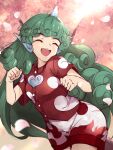  13-gou 1girl bangs blush breasts buttons cherry_blossoms closed_eyes collared_shirt commentary_request cowboy_shot curly_hair eyebrows_visible_through_hair full_body green_eyes green_hair happy heart horns kariyushi_shirt komainu komano_aunn long_hair looking_at_viewer medium_breasts open_mouth paw_pose petals red_shirt shirt short_shorts short_sleeves shorts single_horn smile solo standing touhou tree upper_body very_long_hair white_shorts wing_collar 