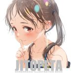  1girl blush brown_hair child cropped gomennasai hand_on_own_face hot illustration looking_at_viewer neck original original_character redhead shushing sleeveless smile solo sweat sweating_profusely wet 