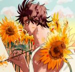  black_clover canvas_(object) cigarette eye_contact facial_hair fanfare18 field flower flower_field looking_at_another looking_at_viewer muscular muscular_male paint_splatter paint_splatter_on_face paintbrush painting shirt sleeveless sleeveless_shirt stubble sunflower yami_sukehiro 