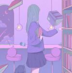  1girl backpack bag black_skirt blue_hair book bookshelf clouds cowboy_shot crescent_moon highres holding holding_book jacket long_hair moon open_book original pleated_skirt purple_jacket purple_theme rasukusekai skirt solo stool window 