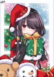  1girl absurdres bell black_hair box breasts capelet christmas christmas_tree closed_mouth commentary date_a_live english_commentary fur_trim gift gift_box gloves hair_bell hair_ornament hair_over_one_eye hat highres large_breasts lewdkuma long_hair looking_at_viewer red_capelet red_eyes santa_hat smile solo stuffed_toy tokisaki_kurumi 