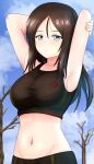  1girl armpits arms_behind_head arms_up bangs bare_tree black_hair black_sports_bra blue_eyes blue_sky blurry blurry_background blush breasts closed_mouth clouds cloudy_sky commentary day depth_of_field girls_und_panzer half-closed_eyes highres large_breasts light_frown long_hair looking_at_viewer midriff navel nonna_(girls_und_panzer) outdoors redbaron sky solo sports_bra standing swept_bangs tree twitter_username upper_body 