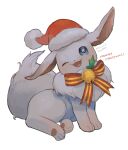  ;d alternate_color bell blush bow christmas commentary_request eevee fang full_body grey_eyes hat hatted_pokemon highres kikuyoshi_(tracco) merry_christmas no_humans one_eye_closed open_mouth pokemon pokemon_(creature) red_headwear santa_hat shiny_pokemon signature smile solo toes tongue 
