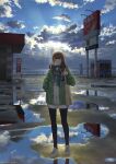 1girl absurdres blush breath clenched_teeth closed_eyes clouds cloudy_sky hanagamigendai highres horizon lake mountain original puddle reflection scenery sign sky smile solo standing teeth 