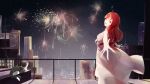  1girl absurdres bangs blush cat city city_lights dress fireworks highres jewelry leaf long_hair looking_at_viewer maple_leaf necklace night open_mouth original railing redhead scenery shadow sky smile solo standing vessalius_l white_dress 