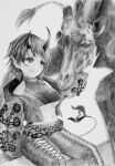  1girl bangs breasts chain closed_mouth commentary_request cropped_jacket cross-laced_pants demon_girl demon_horns demon_tail ear_chain ear_piercing feet_out_of_frame giraffe graphite_(medium) greyscale highres horns jacket large_breasts midriff monochrome navel open_clothes open_jacket pants petting piercing pointy_ears ryugasaki_rene short_hair simple_background smile solo sports_bra sugar_lyric tail traditional_media under_boob virtual_youtuber yumetengu zipper 