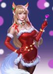  1girl ahri_(league_of_legends) animal_ears bell blonde_hair christmas detached_sleeves dress felka highres league_of_legends long_hair neck_bell red_dress simple_background tail 