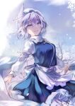  1girl :d apron bangs bare_tree blue_dress blue_eyes blue_sky dress eyebrows_visible_through_hair highres juliet_sleeves kutsuki_kai letty_whiterock light_purple_hair long_sleeves looking_at_viewer open_mouth outdoors polearm puffy_sleeves shawl sky smile snow snowflakes solo standing touhou tree trident waist_apron weapon white_apron white_headwear 