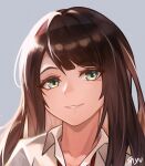  1girl aqua_eyes brown_hair grey_background highres long_hair looking_at_viewer mole mole_under_eye original parted_lips portrait shiny shiny_hair shyu simple_background smile solo wing_collar 