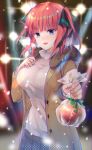  1girl absurdres apple bag bangs black_ribbon blunt_bangs blurry blurry_background breasts brown_coat butterfly_hair_ornament coat dymao eyebrows_visible_through_hair food foreshortening fruit fur-trimmed_coat fur_trim go-toubun_no_hanayome green_ribbon hair_ornament hair_ribbon hand_on_own_chest highres holding large_breasts long_sleeves nakano_nino open_clothes open_coat open_mouth pink_hair plastic_bag pleated_skirt ribbon skirt smile snowing solo sweater turtleneck turtleneck_sweater white_sweater winter winter_clothes 