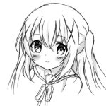  1girl alternate_hairstyle bangs blush bow bowtie collar collarbone commentary_request cropped_torso eyebrows_visible_through_hair gochuumon_wa_usagi_desu_ka? greyscale hair_between_eyes hair_ornament kafuu_chino long_hair looking_at_viewer monochrome rabbit_house_uniform rechiya_0222 shirt simple_background sketch smile solo tareme twintails upper_body vest white_background white_eyes white_hair white_shirt x_hair_ornament 