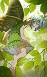  1girl alternate_eye_color antennae aqua_eyes aqua_hair barefoot butterfly_wings crossed_legs dress eternity_larva eyebrows_visible_through_hair fairy full_body green_dress hair_between_eyes highres leaf leaf_on_head multicolored_clothes multicolored_dress protected_link satomachi short_hair single_strap soles solo third-party_source toes touhou wings 