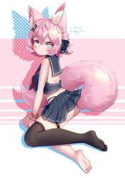  1girl :3 absurdres animal_ear_fluff animal_ears artist_name ass barefoot black_legwear black_panties black_shirt black_skirt blue_eyes blush braid breasts eyebrows feet fox_ears fox_girl fox_tail from_behind from_side full_body hair_ornament hairclip highleg highleg_panties highres karv legs looking_at_viewer midriff miniskirt original panties pink_hair ribbon shirt short_hair single_thighhigh skirt sleeveless sleeveless_shirt small_breasts smile soles solo tail thigh-highs thigh_strap thighs toes underwear wrist_cuffs 