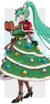  1girl bangs breasts christmas christmas_tree christmas_tree_costume gift gonzarez green_eyes green_hair highres large_breasts long_hair pneuma_(xenoblade) ponytail solo swept_bangs very_long_hair xenoblade_chronicles_(series) xenoblade_chronicles_2 