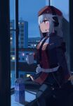  1girl absurdres bangs beret black_necktie blue_eyes braid breasts city cleavage_cutout clothing_cutout commentary cup girls_frontline hair_ornament hairclip hat headset highres hinami047 medium_breasts milk_carton mug necktie night ots-12_(girls&#039;_frontline) red_headwear silver_hair solo star_(symbol) star_hair_ornament symbol-shaped_pupils thigh-highs twin_braids window 