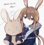  1girl amiya_(arknights) animal_ears arknights ascot bangs black_coat blush brown_hair closed_mouth coat dated eyebrows_visible_through_hair happy_birthday heart heart_of_string highres holding holding_stuffed_toy looking_at_viewer nstlgie open_clothes open_coat purple_ascot rabbit_ears short_hair_with_long_locks sidelocks signature simple_background smile solo stuffed_animal stuffed_bunny stuffed_toy violet_eyes white_background 