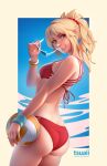  1girl ass bikini blonde_hair blush bracelet braid breasts commentary commission cowboy_shot day english_commentary fate/apocrypha fate/grand_order fate_(series) from_behind green_eyes highres jewelry legs_together lips long_hair looking_at_viewer looking_back medium_breasts mordred_(fate) mordred_(swimsuit_rider)_(fate) parted_lips photoshop_(medium) ponytail red_bikini smile solo standing string_bikini sunglasses swimsuit teeth tsuaii volleyball 