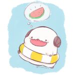  7mb_yut :p animal_focus artist_name chibi commentary food fruit horns innertube league_of_legends lowres no_humans poro_(league_of_legends) simple_background thought_bubble tongue tongue_out two-tone_background watermelon 