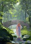  1girl angel angel_wings bangs blonde_hair blue_eyes bridge child dress highres holding holding_clothes holding_dress jewelry looking_at_viewer medium_hair necklace original river scenery sky solo standing ten_can tree wings 